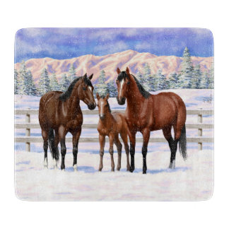 Brown Bay Quarter Horses In Snow Cutting Board