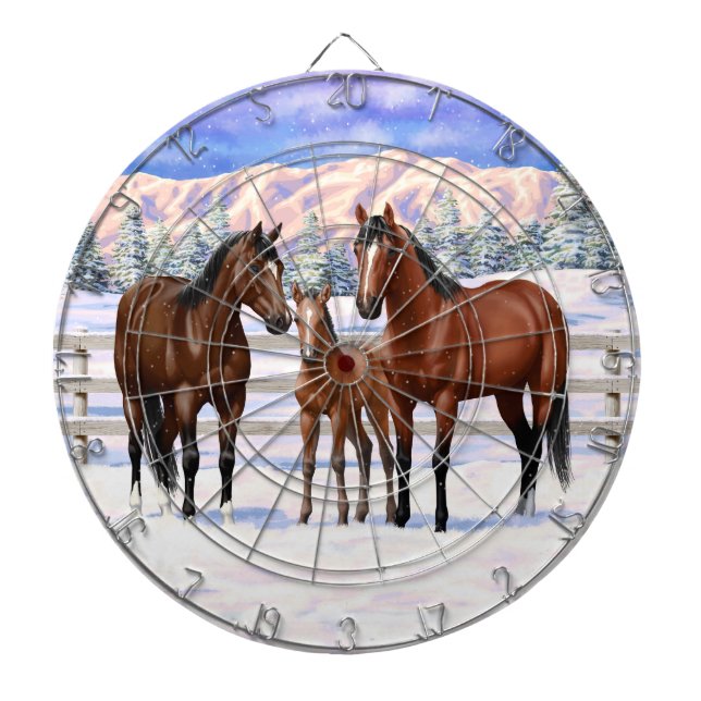 Brown Bay Quarter Horses In Snow Dart Board (Front)