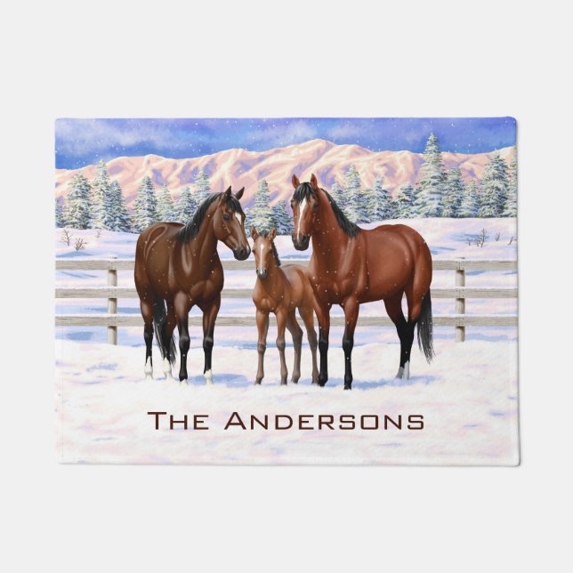 Brown Bay Quarter Horses In Snow Doormat (Front)
