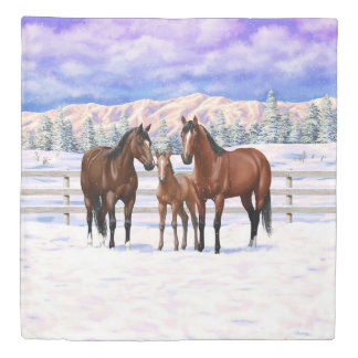 Brown Bay Quarter Horses In Snow Duvet Cover