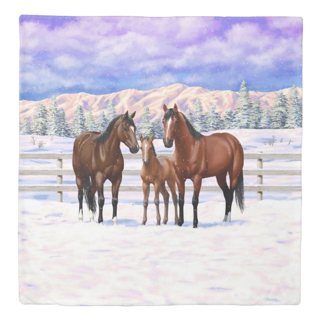 Brown Bay Quarter Horses In Snow Duvet Cover (Front)