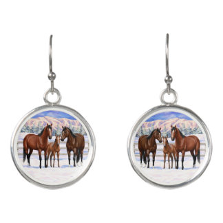 Brown Bay Quarter Horses In Snow Earrings