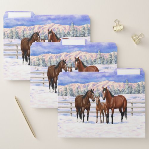 Brown Bay Quarter Horses In Snow File Folder