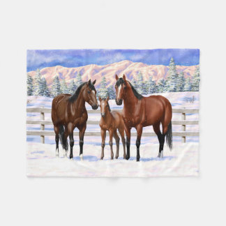Brown Bay Quarter Horses In Snow Fleece Blanket