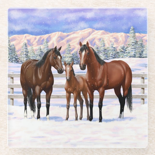 Brown Bay Quarter Horses In Snow Glass Coaster (Front)