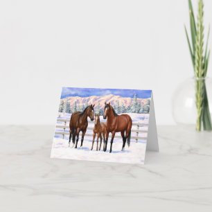 Brown Bay Quarter Horses In Snow Holiday Card