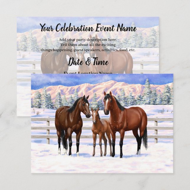 Brown Bay Quarter Horses In Snow Invitation (Front/Back)