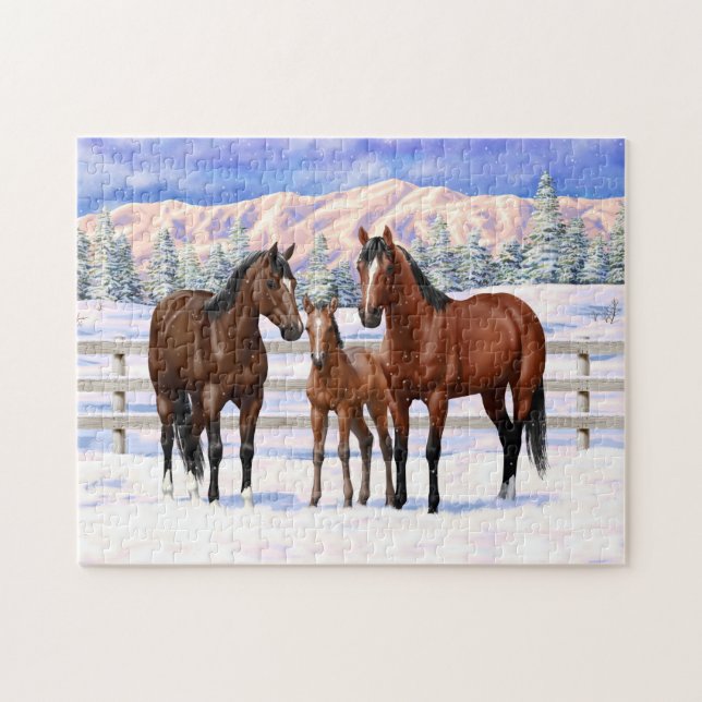 Brown Bay Quarter Horses In Snow Jigsaw Puzzle (Horizontal)