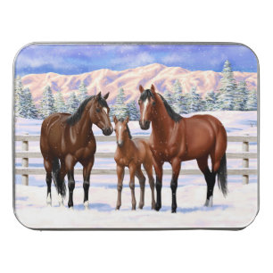 Brown Bay Quarter Horses In Snow Jigsaw Puzzle