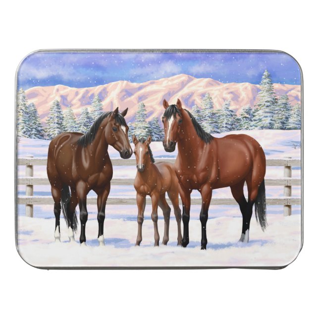 Brown Bay Quarter Horses In Snow Jigsaw Puzzle (Case Horizontal)