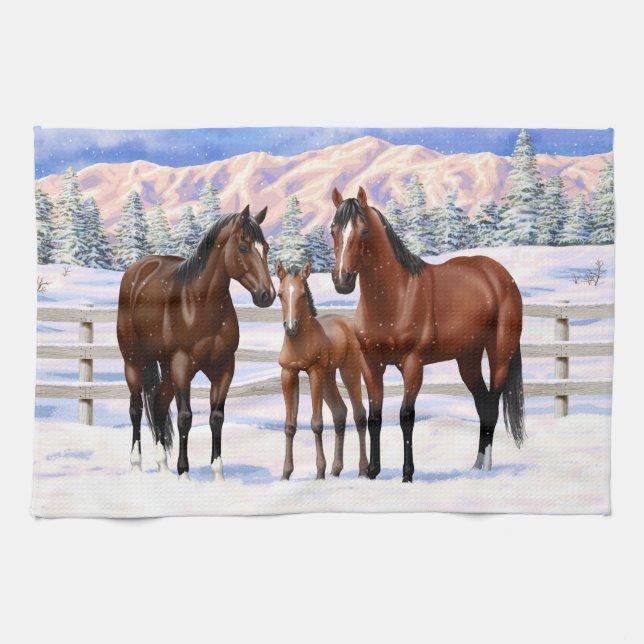 Brown Bay Quarter Horses In Snow Kitchen Towel (Horizontal)