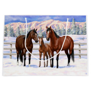 Brown Bay Quarter Horses In Snow Large Gift Bag