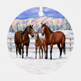 Brown Bay Quarter Horses In Snow Metal Ornament