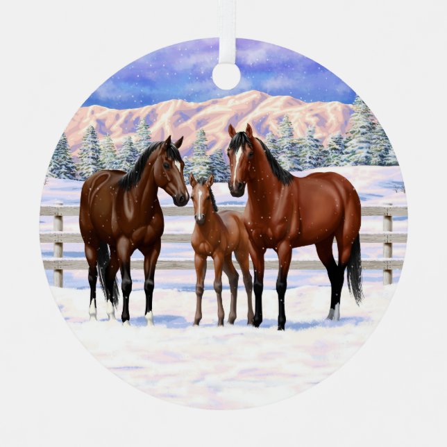Brown Bay Quarter Horses In Snow Metal Ornament (Front)