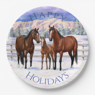 Brown Bay Quarter Horses In Snow Paper Plates