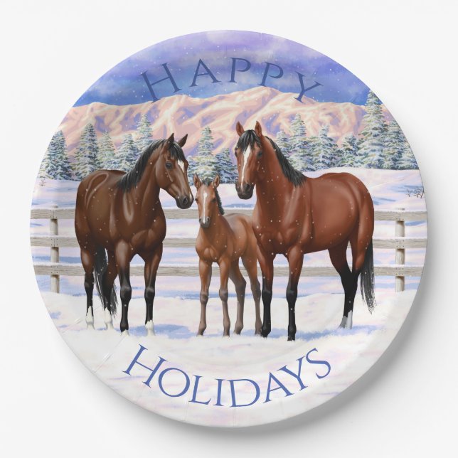 Brown Bay Quarter Horses In Snow Paper Plates (Front)