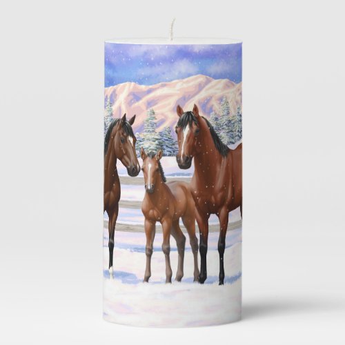 Brown Bay Quarter Horses In Snow Pillar Candle