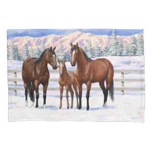 Brown Bay Quarter Horses In Snow Pillow Case