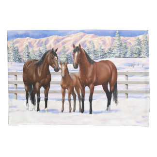 Brown Bay Quarter Horses In Snow Pillow Case