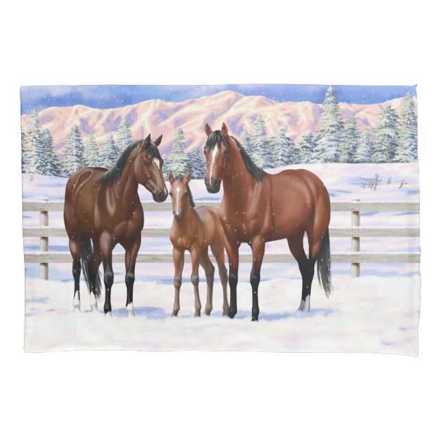 Brown Bay Quarter Horses In Snow Pillow Case (Front-Left)