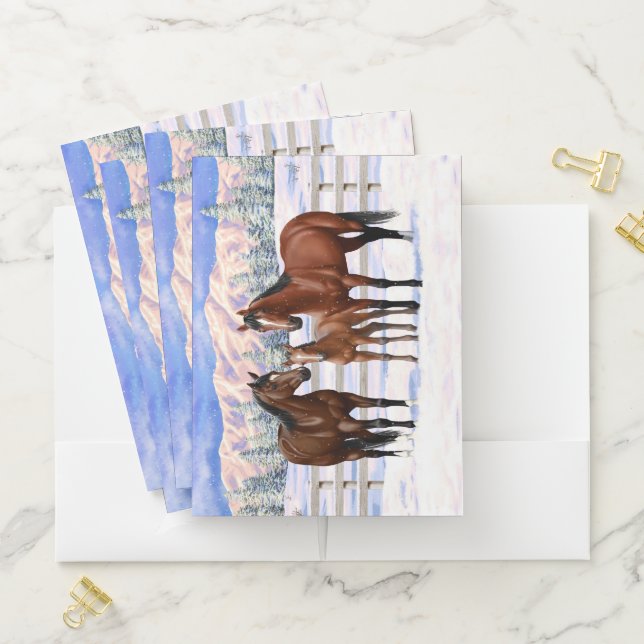 Brown Bay Quarter Horses In Snow Pocket Folder (In Situ)