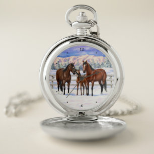 Brown Bay Quarter Horses In Snow Pocket Watch