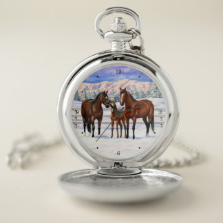 Brown Bay Quarter Horses In Snow Pocket Watch