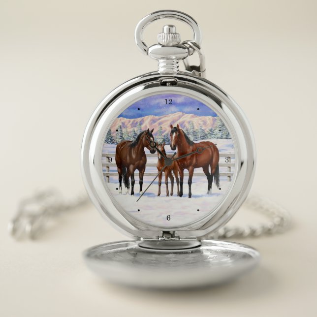 Brown Bay Quarter Horses In Snow Pocket Watch (Inside)