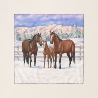 Brown Bay Quarter Horses In Snow Scarf