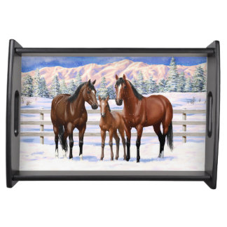 Brown Bay Quarter Horses In Snow Serving Tray
