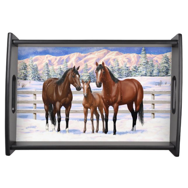 Brown Bay Quarter Horses In Snow Serving Tray (Front)