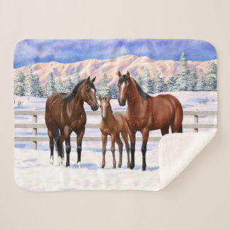 Brown Bay Quarter Horses In Snow Sherpa Blanket