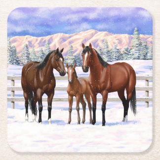 Brown Bay Quarter Horses In Snow Square Paper Coaster