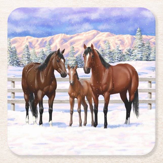 Brown Bay Quarter Horses In Snow Square Paper Coaster (Front)