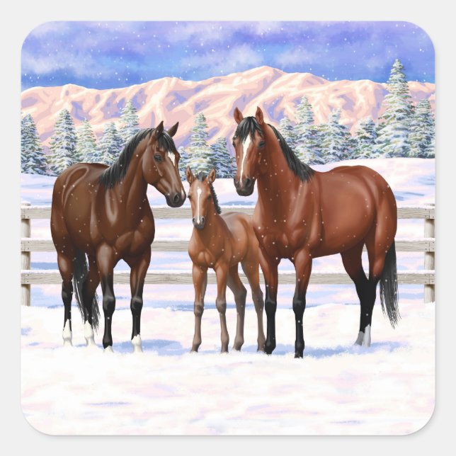 Brown Bay Quarter Horses In Snow Square Sticker (Front)