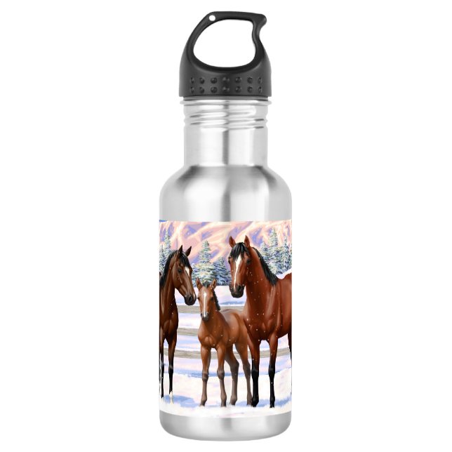 Brown Bay Quarter Horses In Snow Stainless Steel Water Bottle (Front)