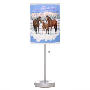 Brown Bay Quarter Horses In Snow Table Lamp