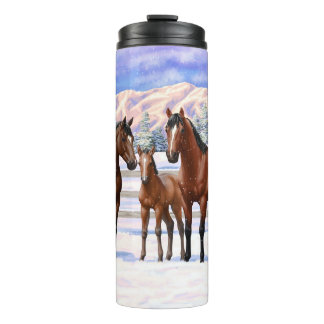 Brown Bay Quarter Horses In Snow Thermal Tumbler