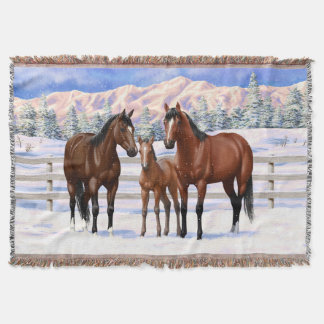 Brown Bay Quarter Horses In Snow Throw Blanket