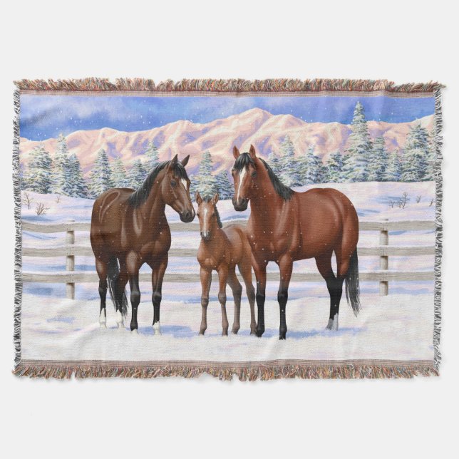 Brown Bay Quarter Horses In Snow Throw Blanket (Front)