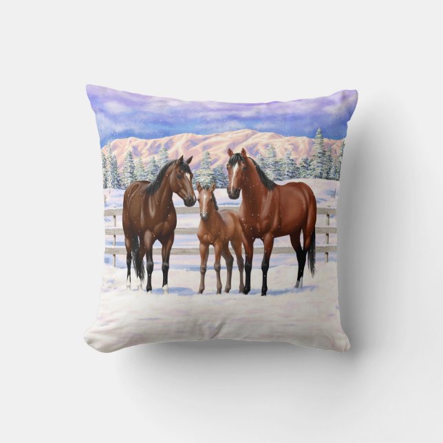 Brown Bay Quarter Horses In Snow Throw Pillow (Front)