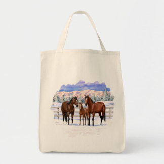 Brown Bay Quarter Horses In Snow Tote Bag