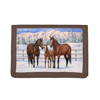 Brown Bay Quarter Horses In Snow Trifold Wallet