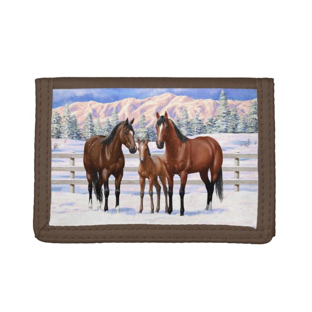Brown Bay Quarter Horses In Snow Trifold Wallet (Front)