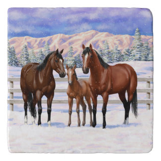 Brown Bay Quarter Horses In Snow Trivet