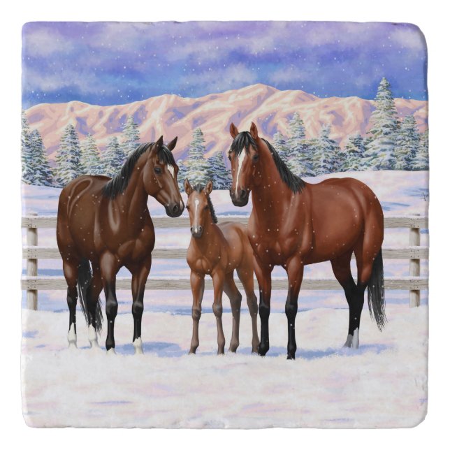Brown Bay Quarter Horses In Snow Trivet (Front)