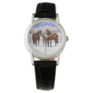 Brown Bay Quarter Horses In Snow Watch