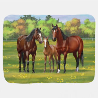 Brown Bay Quarter Horses In Summer Pasture Baby Blanket