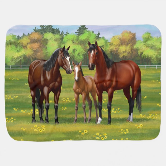 Brown Bay Quarter Horses In Summer Pasture Baby Blanket (Horizontal)