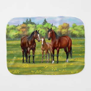 Brown Bay Quarter Horses In Summer Pasture Baby Burp Cloth